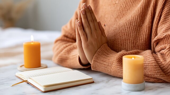 Woman's hands in prayer pose next to lit candles and open journal for mindfulness