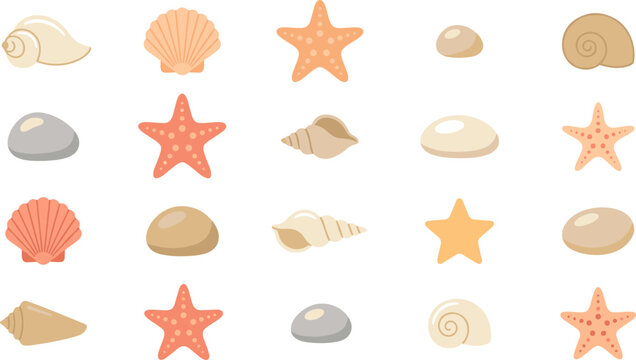 Sea Shell and Starfish Vector Icon Set Featuring Diverse Beach Treasures Like Scallops Conches Snail Shells and Smooth Ocean Pebbles