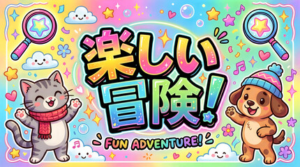 Fototapeta premium Cute Kawaii Cat and Dog Characters Featuring Vibrant Rainbow Pastel Colors and Playful Decorative Elements for Joyful Designs