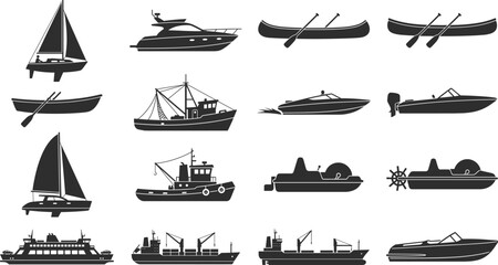 Boat and Ship Icon Collection with Sailboats, Yachts, Canoes, Rowboats, Fishing Vessels, Speedboats, Ferries, and Cargo Symbols for Maritime Graphic Design Projects © Joy