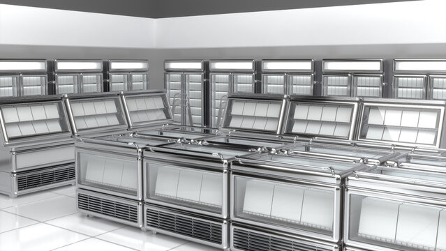 Vintage style refrigerated display cases with glass fronts and blank goods in a supermarket interior. 3d illustration