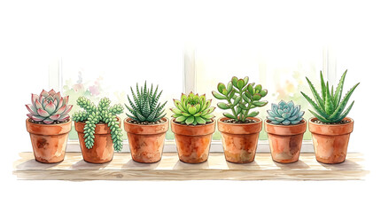 Fototapeta premium Collection of six potted succulent plants arranged on a wooden shelf in front of a window with soft natural light