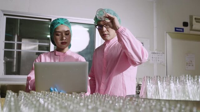 Two Asian quality control inspectors in uniform standing, using a laptop computer to analyze and inspect empty glass beverage bottles on moving conveyor belt in production line at industrial factory.