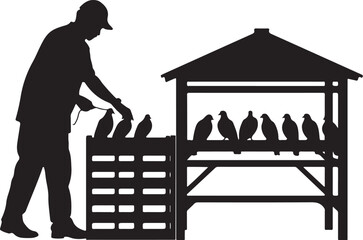 Silhouette of a man releasing pigeons from a cage next loft © shopone