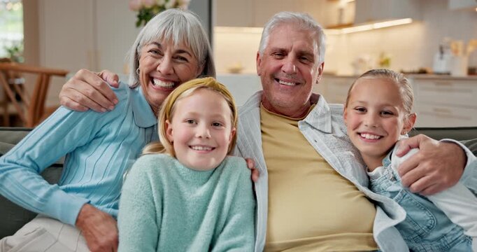 Face, grandparents and children in home with hug, love and support for bonding together. Portrait, senior people and embrace kids for affection, visit grandchildren and babysitting weekend with smile