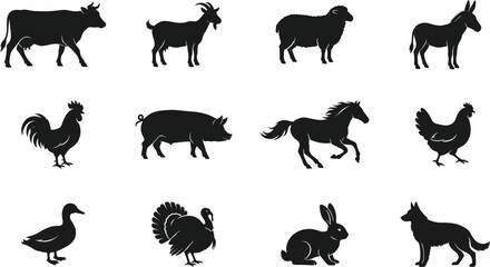 Fototapeta premium Farm Animal Icon Collection with Cow Goat Sheep Horse Pig and Poultry Silhouettes for Agriculture Education and Graphic Design Projects