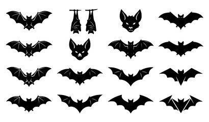 Fototapeta premium Modern bat logo and silhouette vector collection with flying wildlife and nocturnal animal icons
