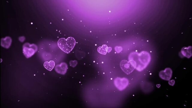 An elegant and romantic visual featuring dramatic deep purple tones. The video's centerpiece is a heart-shaped object with a glowing digital plexus texture, floating dynamically toward the viewer. 