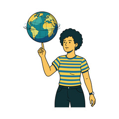 Fototapeta premium Illustration of a young person spinning a detailed globe on their finger as a metaphor for world