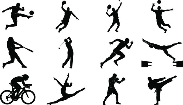 Sports and Athletic Icon Collection with Soccer, Tennis, Volleyball, Cycling, Gymnastics, Boxing, and Martial Arts Symbols for Fitness Graphic Design Projects
