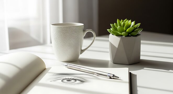 Modern minimalist living room with potted plant and lamp.