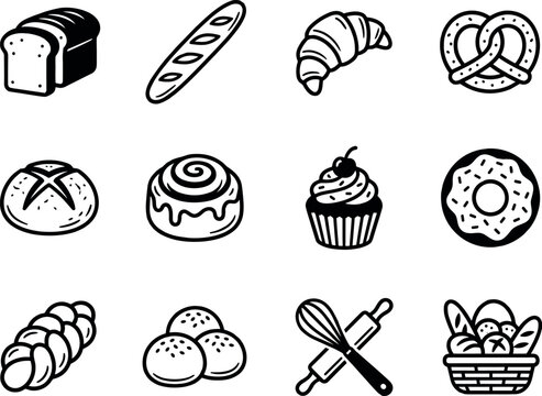 Bakery Bread Icon Set, 12 Outline Icons Croissant Baguette Pretzel Cinnamon Roll Donut Vector Pack