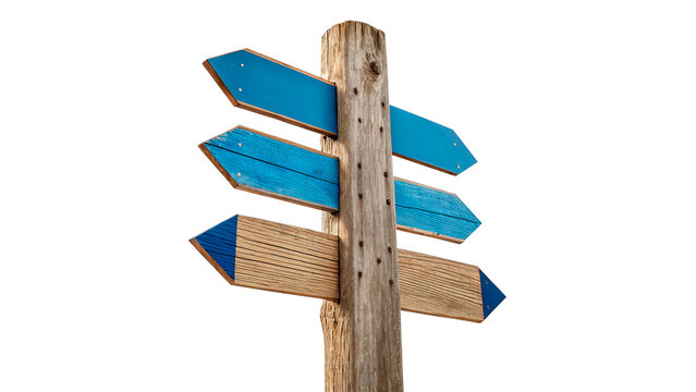 Classic multi directional wooden signpost arrow pointer isolated on a transparent background