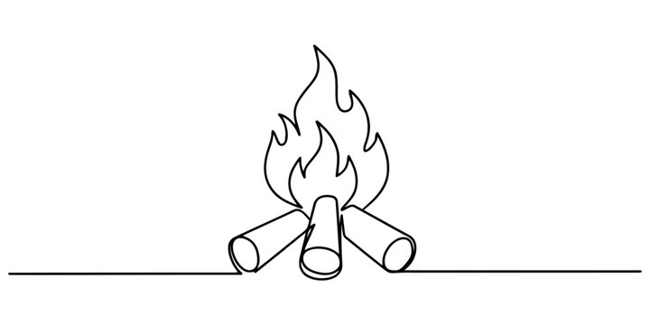 Continuous single line drawing of a burning campfire with logs and flickering flames
