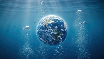 Fototapeta premium Underwater Earth, globe submerged in ocean, blue planet, eco concept