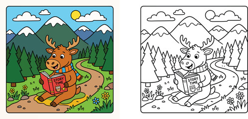 Naklejka premium Cute cartoon moose reading story time book in forest coloring page vector set, colored and black and white line art versions of forest animal in mountain landscape