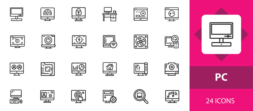 Desktop Computer PC Flat Vector 24 Icons Isolated on White Background