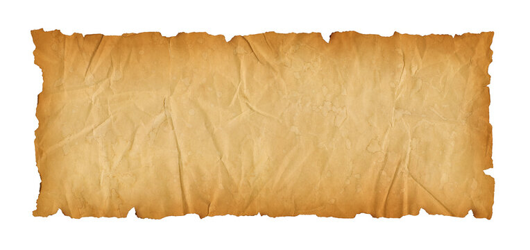 Old crumpled mediaeval Parchment paper scroll isolated on white
