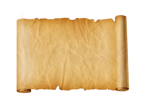 Old crumpled mediaeval Parchment paper scroll isolated on white