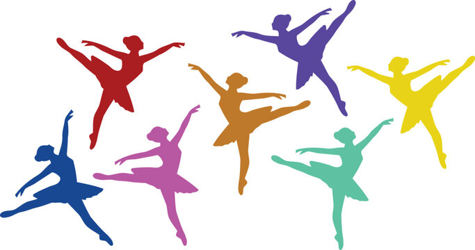 Ballerina silhouettes in vibrant colors against a white background