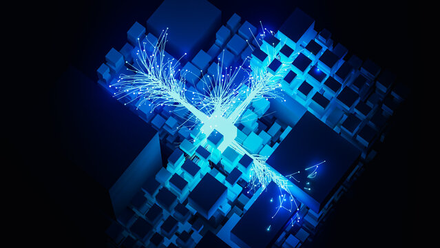 Background of a cube structure with blue light flowing through