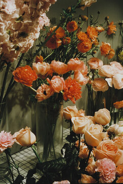 Lush floral arrangement at a flower market stall