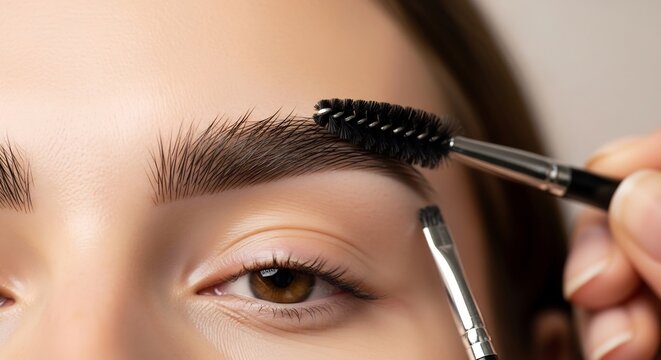 Professional brow grooming technique using spoolie brush and precision applicator for natural definition