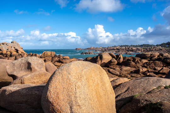 Granite chaos landscape facing Mean Ruz lighthouse in Tregastel, France