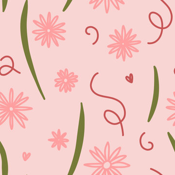 Seamless Floral Pattern with Hand Drawn Flowers and Leaves on Soft Pink Background, Romantic Design