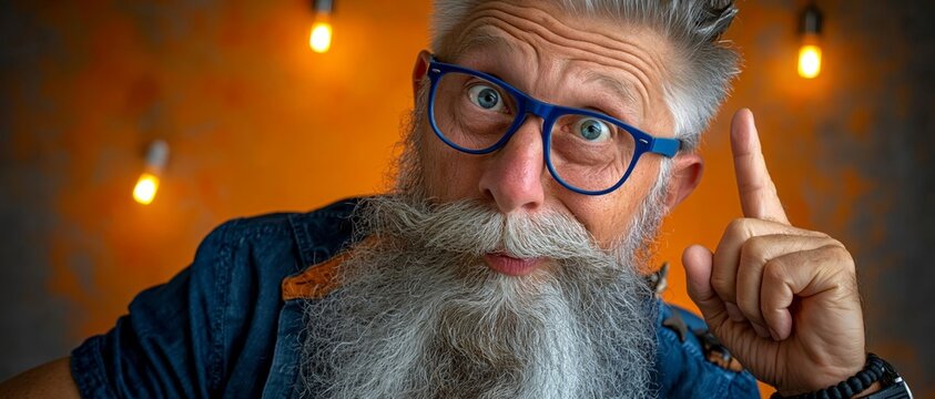 An elderly man with a long white beard and blue glasses points upward against a warm background, suggesting a sudden idea or insight.