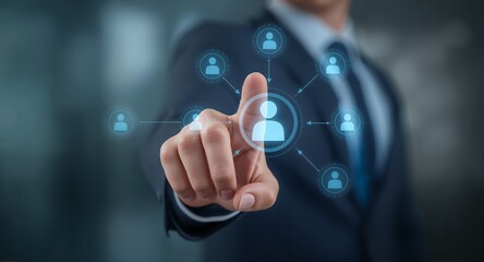 Fototapeta premium Marketing plan businessman touches screen to create buyer persona illustrating marketing plans � E-Commerce and Online Shopping Concept for Digital Retail