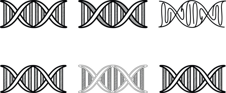 Horizontal DNA Double Helix Icon Set Featuring Black Textured Genetic Molecules for Science Biology Laboratory Research Medical Biotech and Biotechnology Graphic Vector Designs
