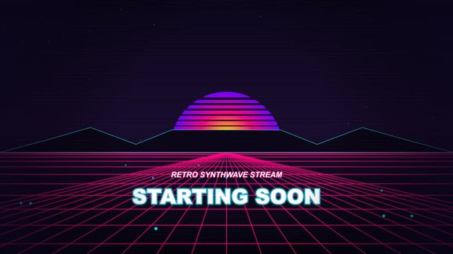 Retro synthwave digital landscape background with a glowing neon grid and starting soon text for live streaming