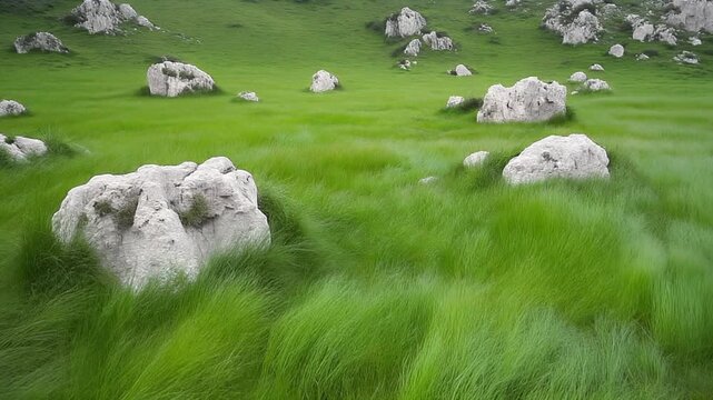 白い岩が点在するカルスト草原 シームレスループ動画背景 16:9 4K