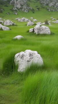 白い岩が点在するカルスト草原 シームレスループ動画背景 9:16 4K