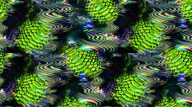 Neon Acid Lime Snake Skin and Holographic Glitch Hybrid Seamless Pattern
