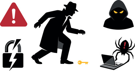 Cyber Crime and Network Hack Silhouette Icon Set Vector Featuring Sneaking Spy reaching for Key Warning Alert Broken Padlock Laptop Spider Malware and Evil Hacker Avatar © MstAnzu
