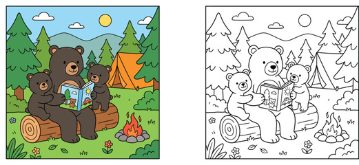 Fototapeta premium Cute bear family reading a storybook while camping in the forest, featuring a colorful vector illustration and a black and white line art coloring page for kids