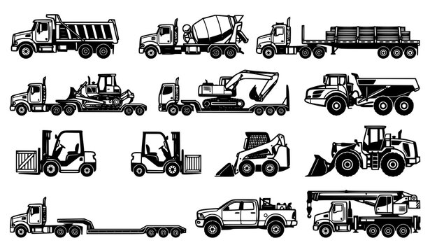 Heavy Construction Machinery and Industrial Vehicles Icon Set Featuring Excavator Bulldozer Dump Trucks Crane Forklifts and Flatbed Trailers Vector Graphic