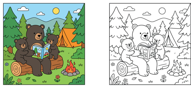 Cute bear family reading a storybook while camping in the forest, featuring a colorful vector illustration and a black and white line art coloring page for kids