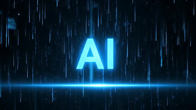 Ai text logo with digital rain background and glowing blue light effect motion
