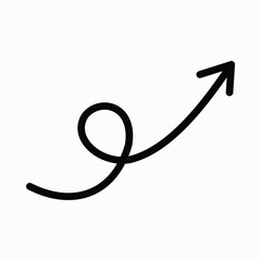 Fototapeta premium Black arrow with a loop pointing upwards and forwards, indicating growth, progress, positive direction, improvement, success, development, and upward movement, drawn as a simple graphic icon.