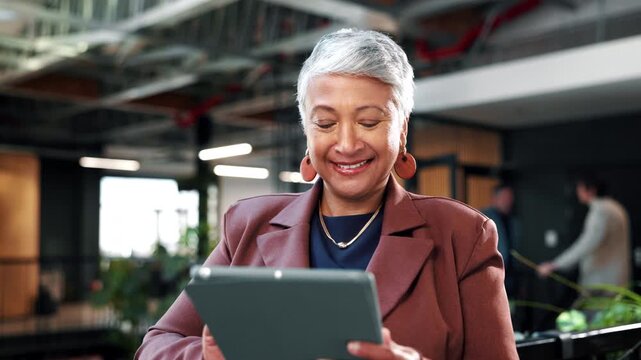 Tablet, laugh and businesswoman in company with review, expense report or project budget approval. Tech, accountant and mature person in office with funny joke, financial update and economy news