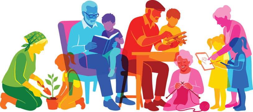 Multigenerational family silhouettes engaged in hobbies, colorful community activities with seniors and children, diverse people lifestyle vector