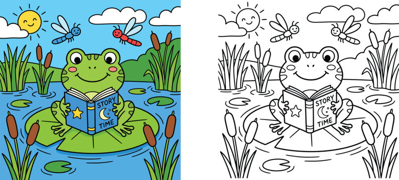 Cute frog reading storybook on lily pad in pond, children coloring page and colored illustration vector set (110 characters)
