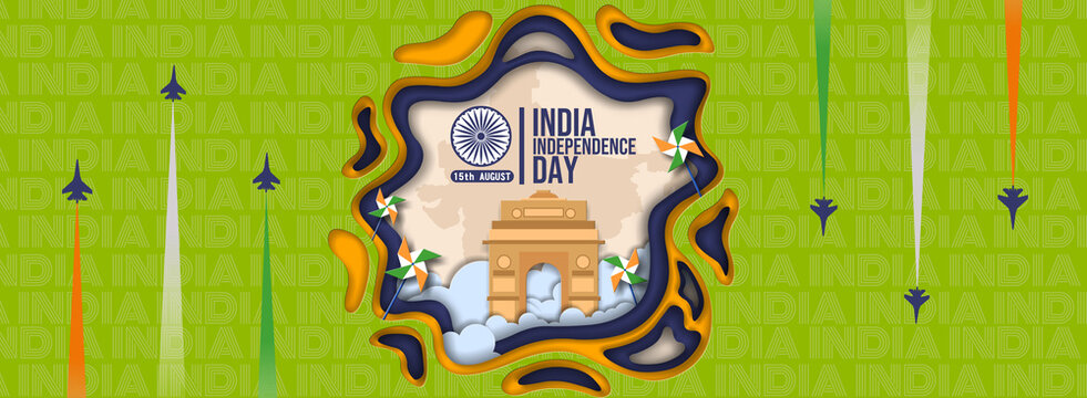 India Independence Day 3D paper-cut style banner featuring India Gate, jets with tricolor smoke, pinwheels, and a green patterned backdrop. Perfect for August 15th web headers and social graphics.