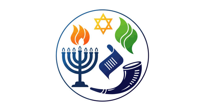 Circular icon featuring Jewish religious symbols and motifs.