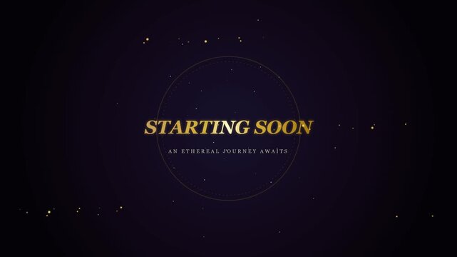 Ethereal gold starting soon title screen for streaming and video intros with floating particles on dark purple background