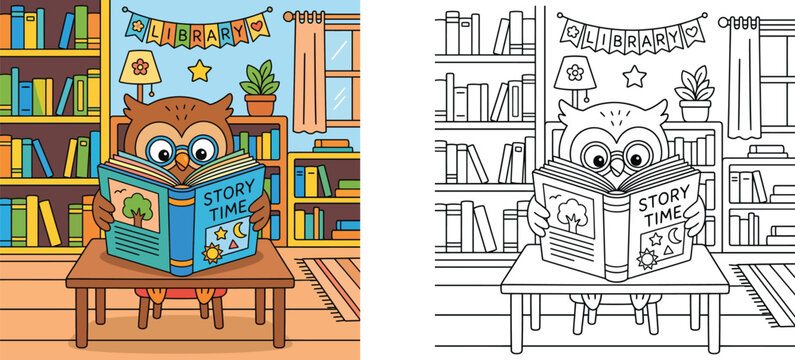Cute cartoon owl reading story book in library coloring page, colored illustration and black and white line art vector template for kids education activity.