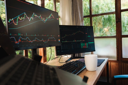 Trading Stock on Multiple Screens at professional trading home office